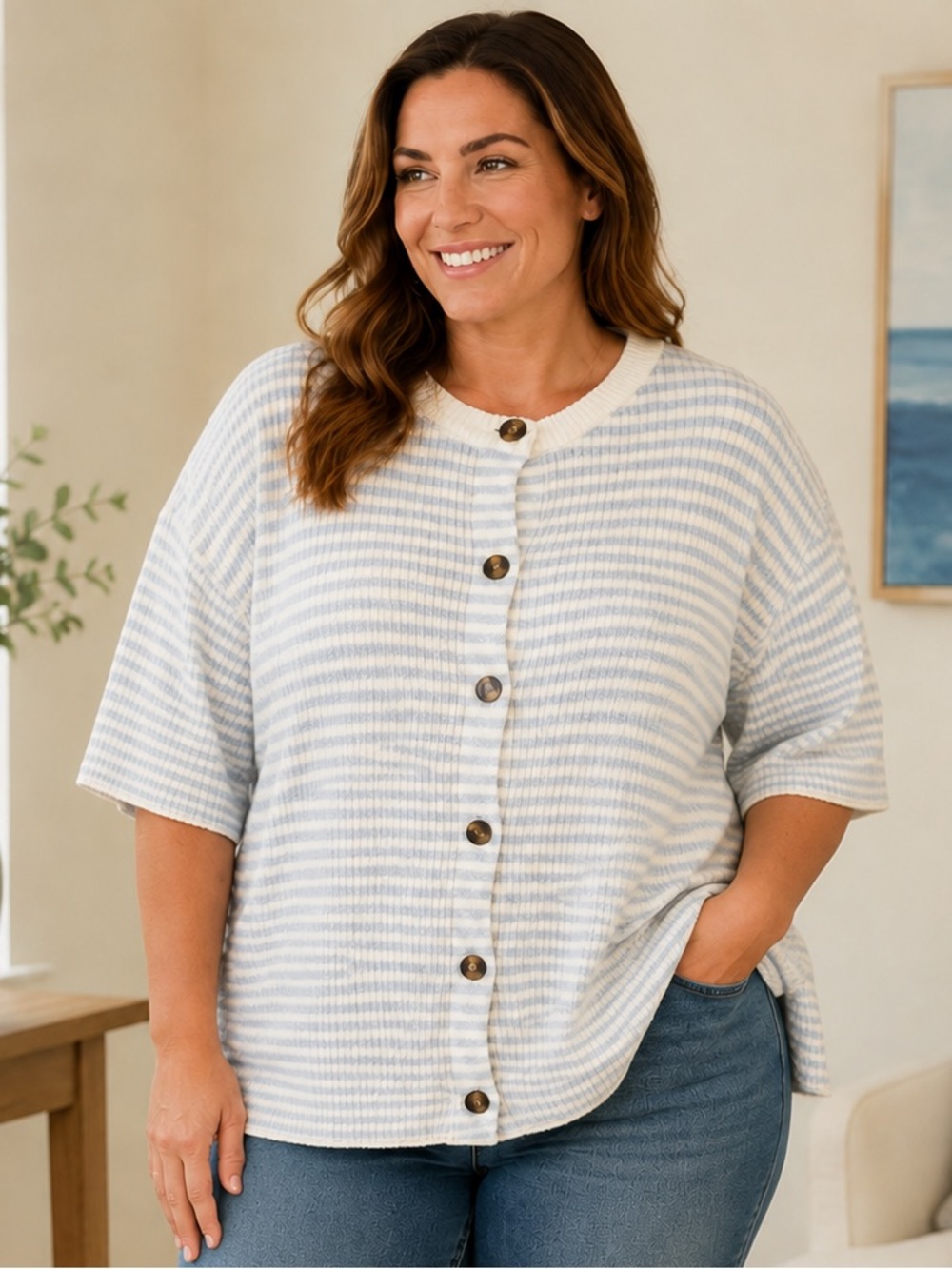 Design History Blue and White Striped Button-Front Cardigan